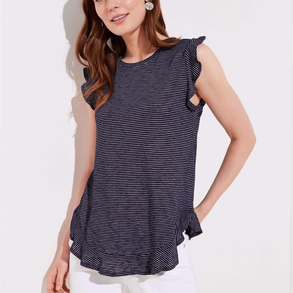 LOFT Striped Ruffle Tee in Navy